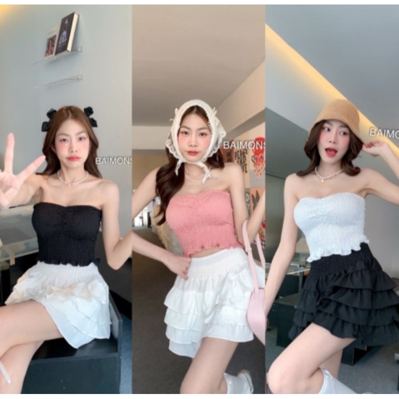 💰MahahengCloset💰เกาะอกสีพื้น ผ้าครัช ดีไซน์ย่นหน้าเพิ่มลูกเล่น เรียบหรู ดูแพงสุดๆ💕