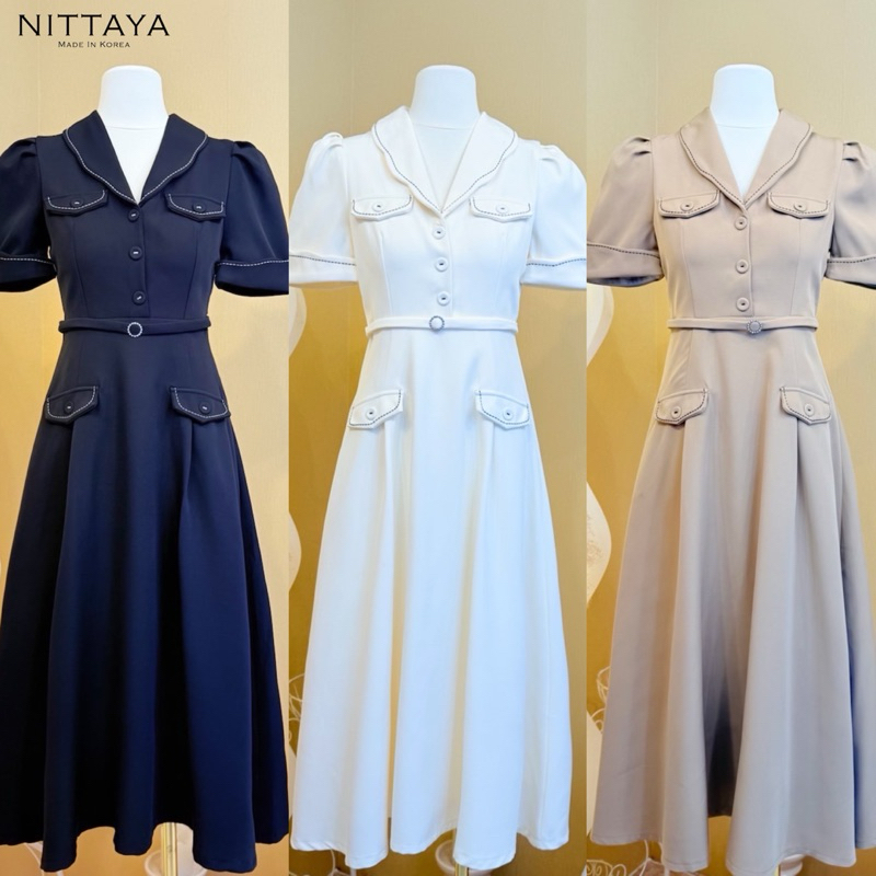 [NITTAYA] D2724 ชุดเดรสกระโปรงยาวคอปกแขนสั้นแต่งกระดุมกระเป๋าหน้าดีเทลเดินด้ายเรียบหรูดูแพงผู้ดีใส่เที่ยว ออกงาน คาเฟ่