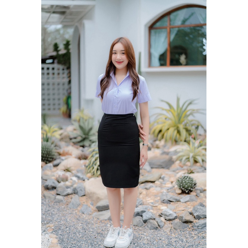 กระโปรงทรงเอไม่ผ่า กระโปรงนักศึกษา ยาว 16 - 24 ผ้าฮานาโกะสีดำ [เอว 33-44] - รูปที่ 2