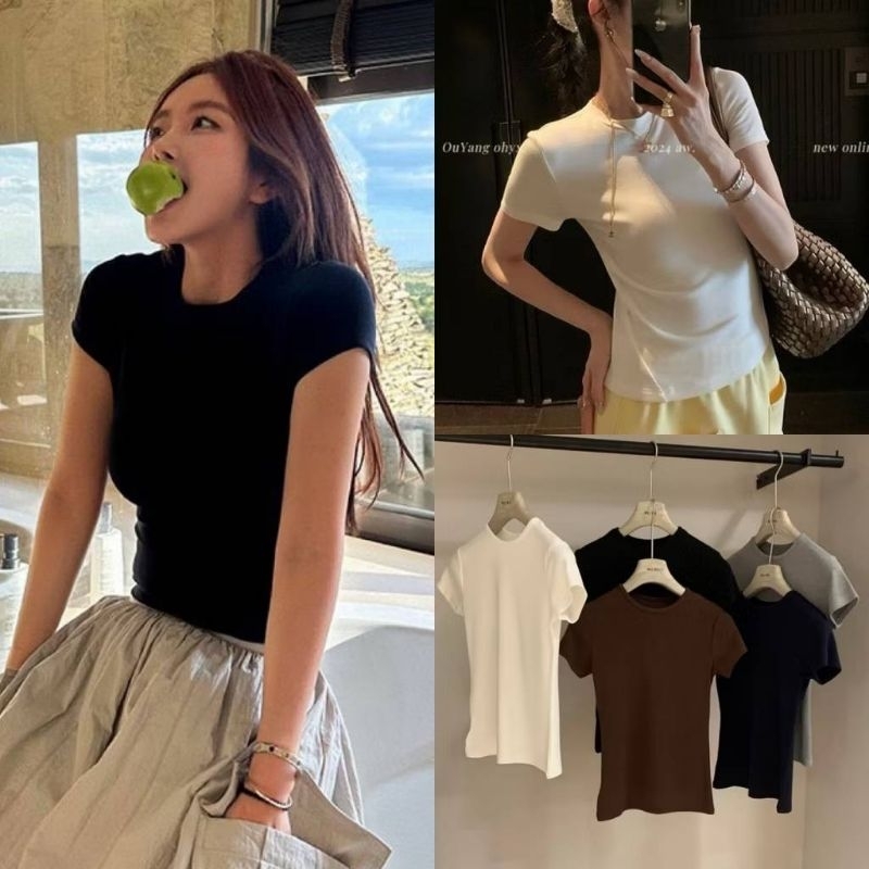 PP♡CLOSET💕(New)Basic Topเสื้อยืดแขนสั้นผ้ายูนิโคล่อย่างดี ยืดหยุ่นได้เยอะ กระชับเข้าทรงสวย
