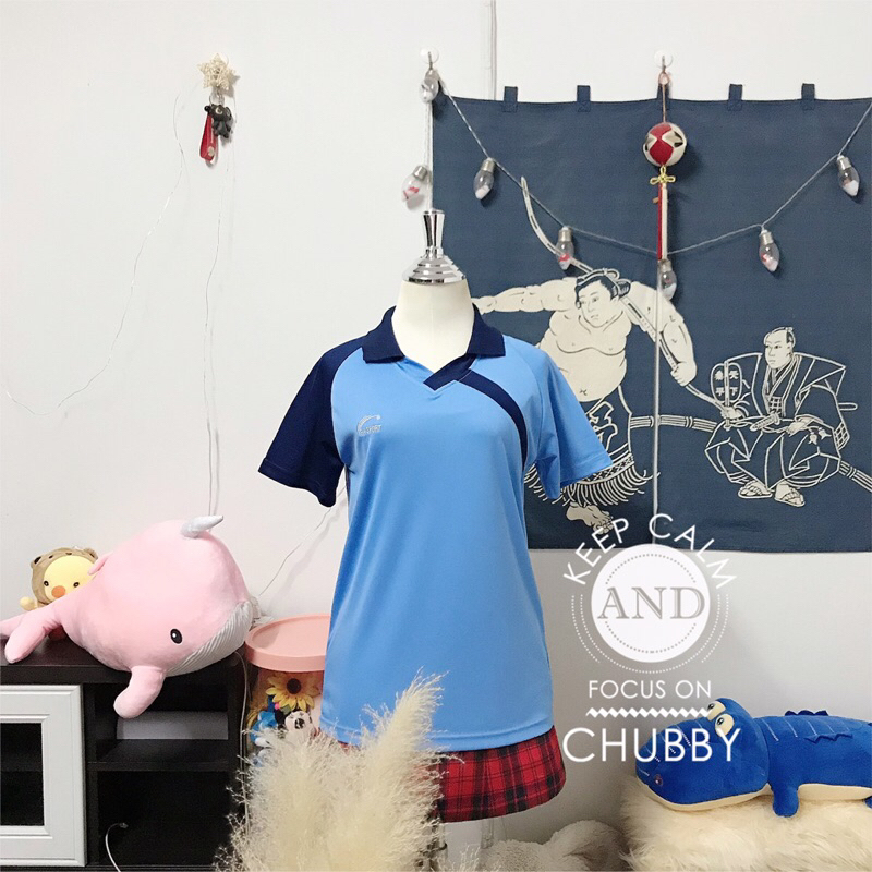 เสื้อยืดกีฬา คอปกสีทูโทนฟ้าแขนกรม เอาไปใส่เล่นๆ ได้