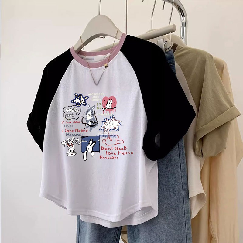 เสื้อครอปผู้หญิงสาวอวบ oversize เสื้อผ้าคนอ้วนไซส์ใหญ่50 เสื้อยืดแขนสั้นทรงหลวมสไตล์เกาหลี สีทูโทนน่ารักม้าก สตรีทวินเทจ