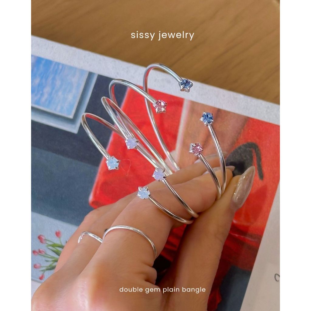 SissyJewelry // กำไลข้อมือเงินแท้ รุ่น Double gem plain bangle (add more charm) Free gift box