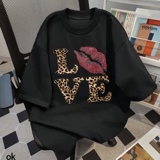 (จัดส่งตลอด 24 ชั่วโมง）OOOK Official เสื้อยืดแขนสั้นพิมพ์ลายเสือดาวยุโรปและอเมริกา วินเทจเสื้อ oversize