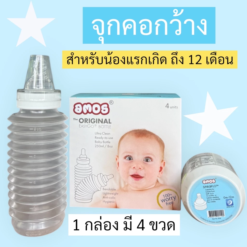 ขวดนมพกพา Amos easy go (ใช้แล้วทิ้ง) แบบจุกคอกว้าง สำหรับอายุ 0-12เดือน (กล่องสีฟ้า)