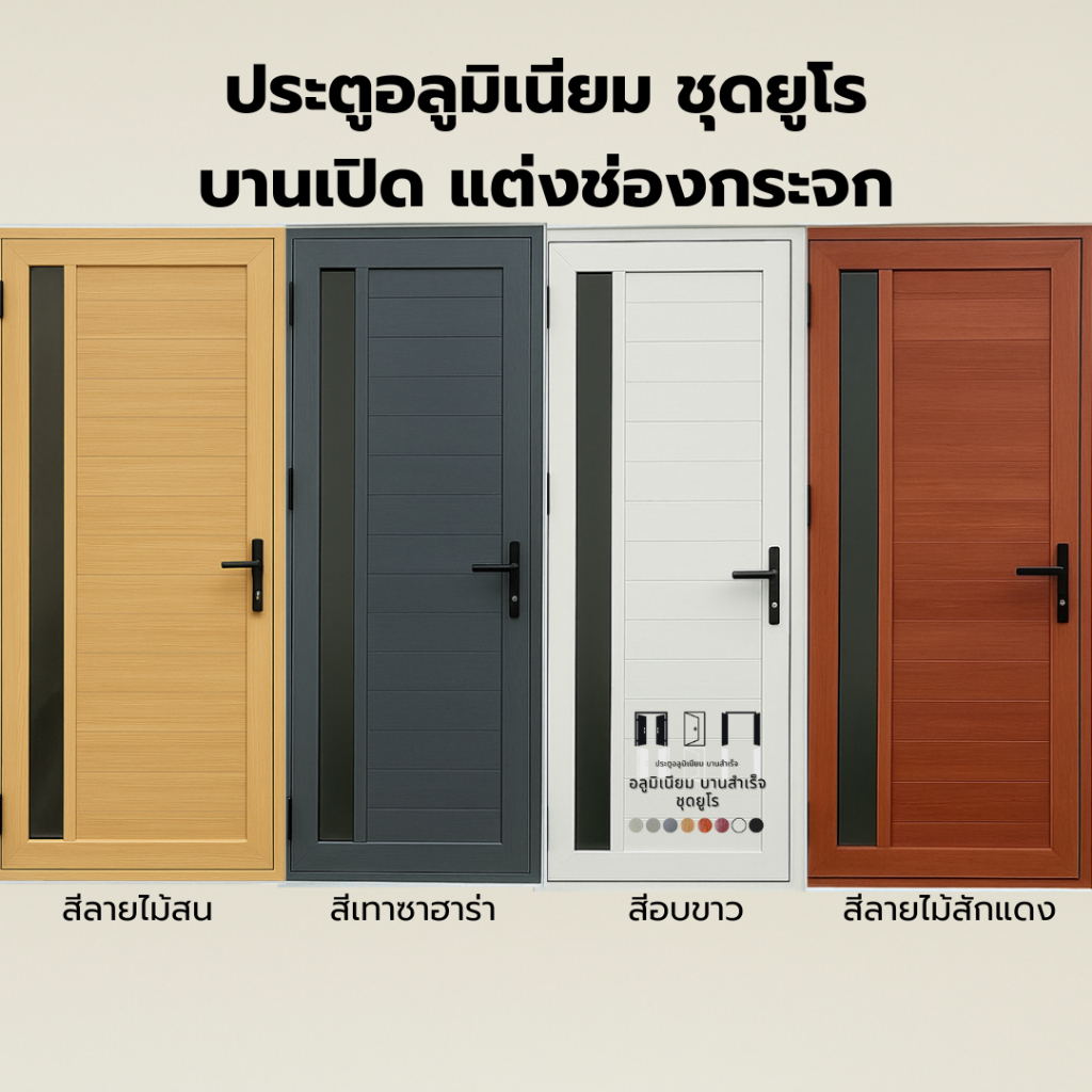 ประตูบานเปิด อลูมิเนียมชุดยูโร แต่งช่องแสง 80x200ซม. 90x200ซม. 100x200ซม.