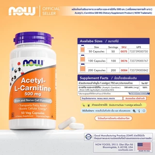 อะเซทิล แอล-คาร์นิทีน | Acetyl L-Carnitine 500 MG [Capsules] by NOW FOODS | Authentic Made in USA