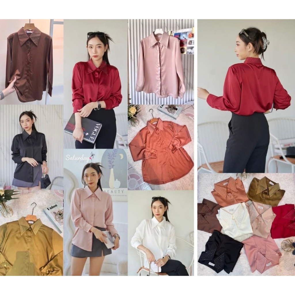 ป้าย Saturday เสื้อคอปกรีดเพชรผ้าซาตินสาปซ่อน อก 42 นิ้ว ยาว 25 นิ้ว