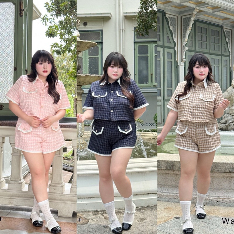 (WR) เซตเสื้อครอปเชิ้ต+กางเกงขาสั้น ผ้าลายชิโนริ ลูกคุณหนู ดูแพง หวานๆ เสื้อผ้าสาวอวบอ้วน พลัสไซส์ ไซส์ใหญ่
