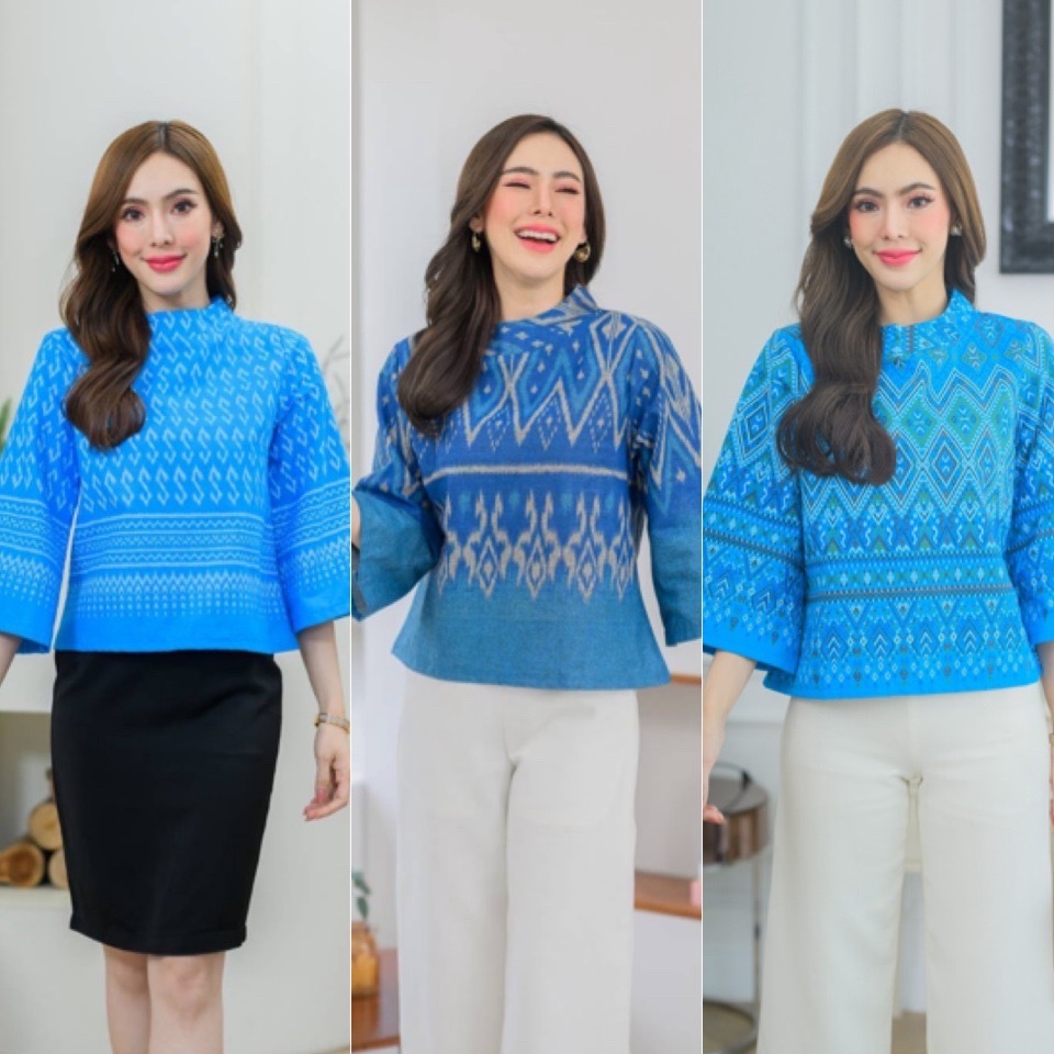 เสื้อแขนยาวโทนสีฟ้า ผ้าไทยติดกระดุมหลัง ผ้าฝ้ายเชียงใหม่ สวยมากค่ะ