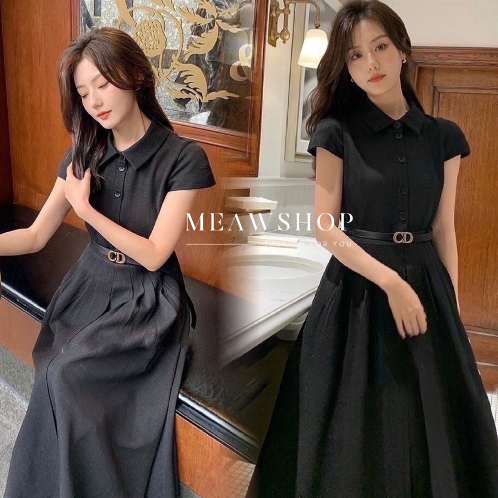 S-XL เดรสคอปกตัวยาวสีดำกระโปรงบาน+เข็มขัด สวย หรู ดูแพง ชุดดำ ชุดไว้อาลัย ซื้อชุดดำที่ไหน ธีมสีดำ ชุ