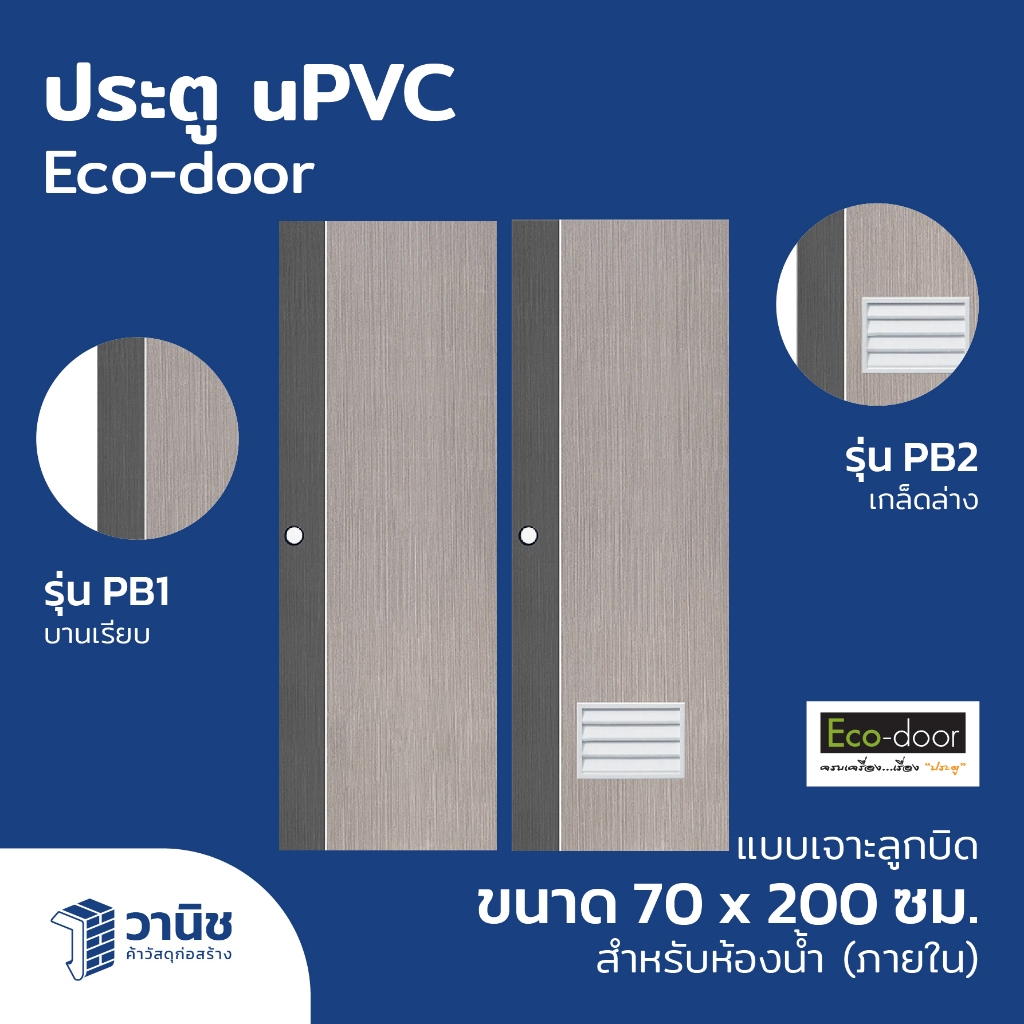 ประตู uPVC รุ่น PB1,2 Eco-door ขนาด 70x200 ซม. แบบเจาะลูกบิด กันปลวก กันน้ำ 100% |สำหรับใช้ภายใน
