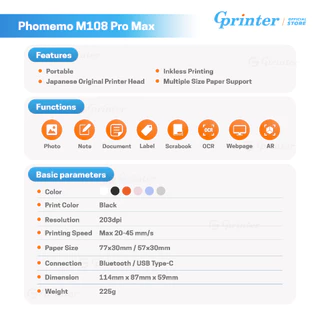 Gprinter เครื่องพิมพ์ฉลาก Phomemo M108Pro Max เครื่องปริ้นพกพา สติ๊กเกอร์ ฉลาก บาร์โค้ด mini printer