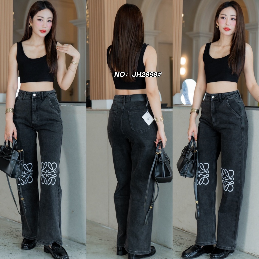 2898#สีดำ กางเกงยีนส์ขากระบอก - รูปที่ 4