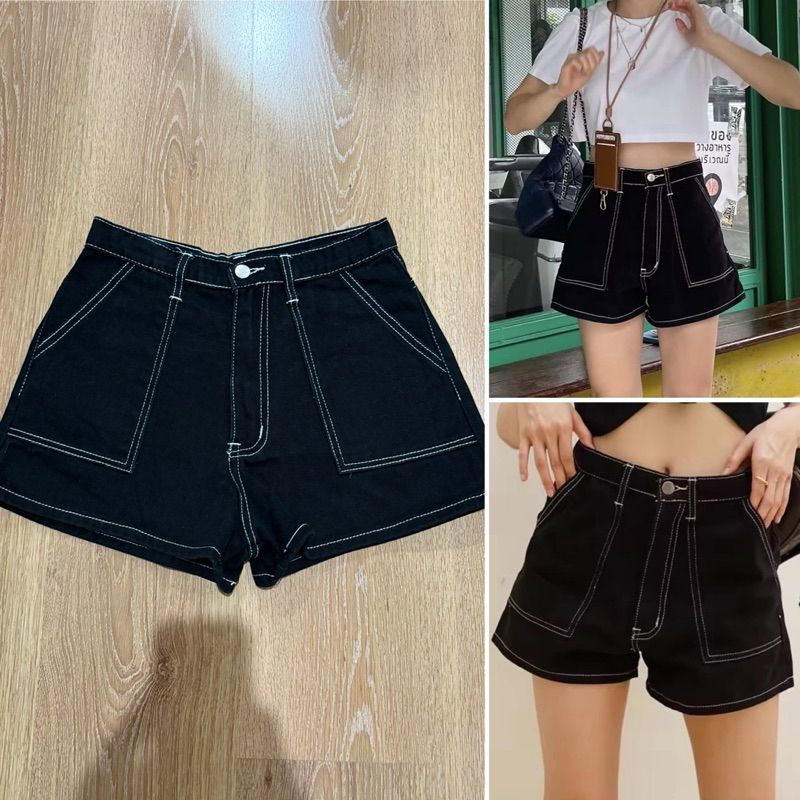 (ใช้โค้ดลดได้) sunny express กางเกงขายีนส์ขาสั้นสีดำ