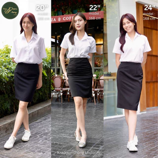 กระโปรงนักศึกษา ทรงเอ❗️มีกระเป๋า❗️ผ่าหลังทับ ผ้าซุปเปอร์นาโน สีดำ (ความยาว 20" 22" 24" 26") 💚 กระดุมทอง