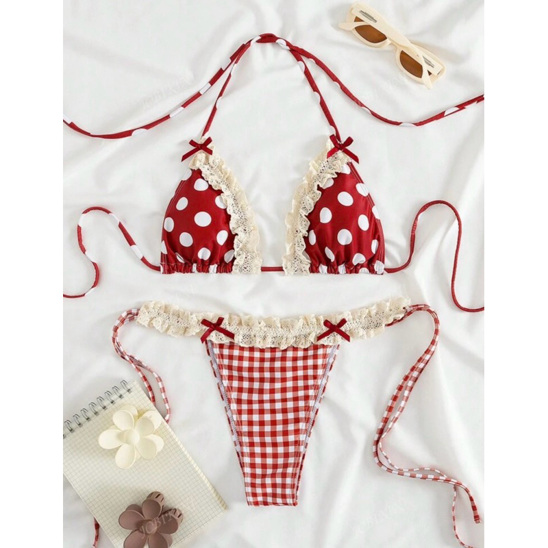 ชุดบิกินี่ น่ารัก ลายจุด ระบายลูกไม้ โบว์ตกแต่ง ผูก ชุดว่ายน้ำหรูหราสำหรับผู้หญิง แฟชั่นชายหาดฤดูร้อน
