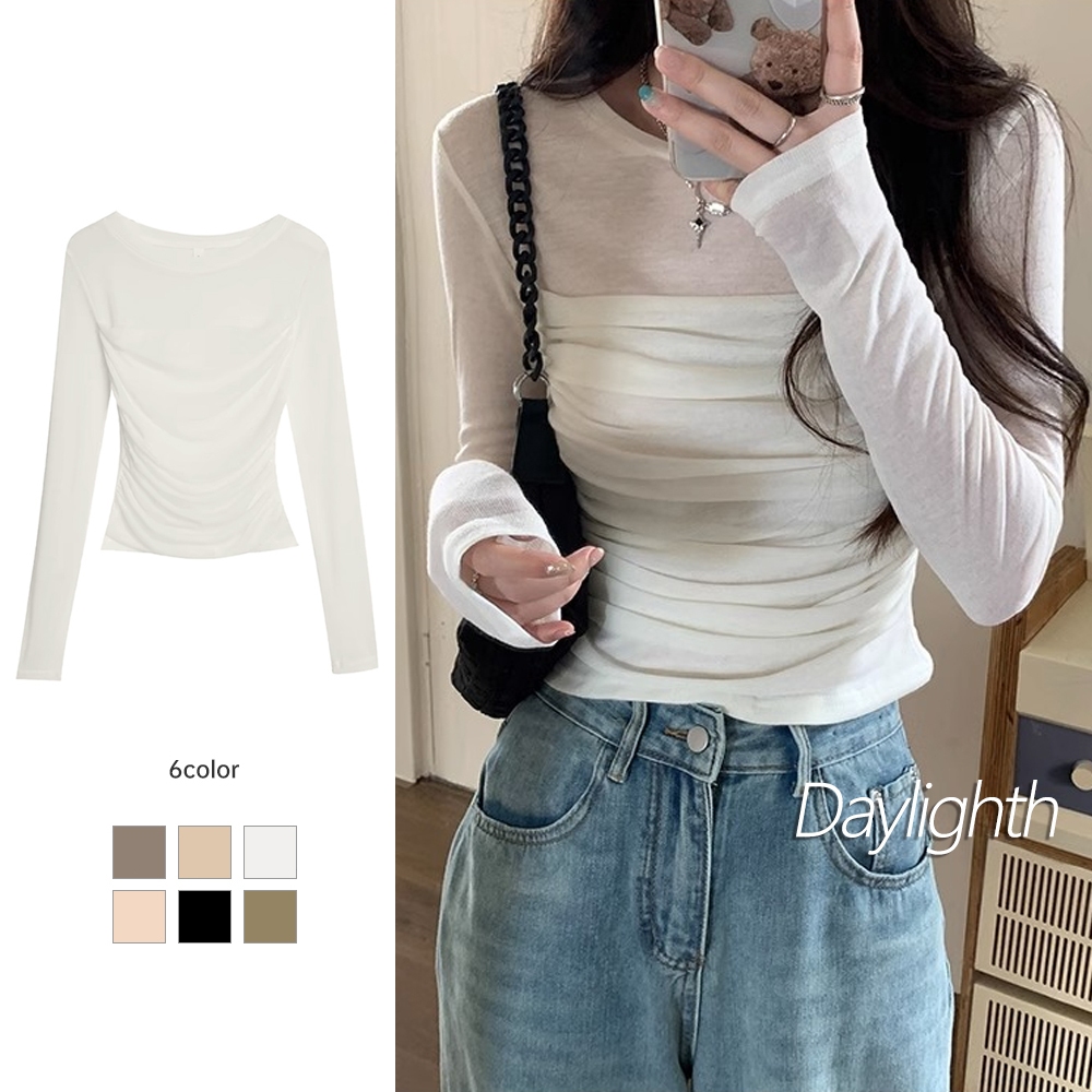 เสื้อยืดแขนยาวผ้ากอซผู้หญิงจีบทรงสลิมฟิตเสื้อบอททอมออกแบบความรู้สึกสั้นด้านบน DL