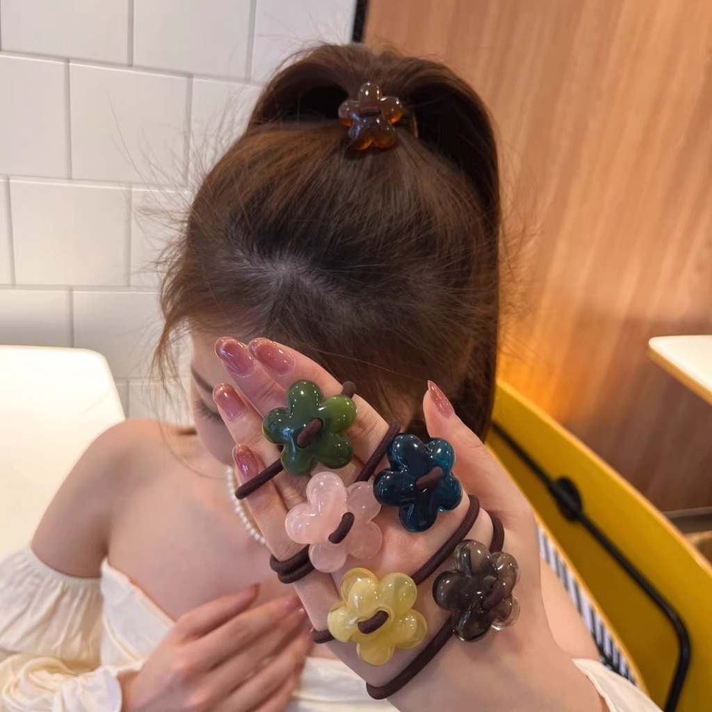ยางรัดผมง่ายตกแต่งดอกไม้พลาสติก ยืดหยุ่นสูง ลายหินอ่อน เครื่องประดับผมสไตล์เกาหลี