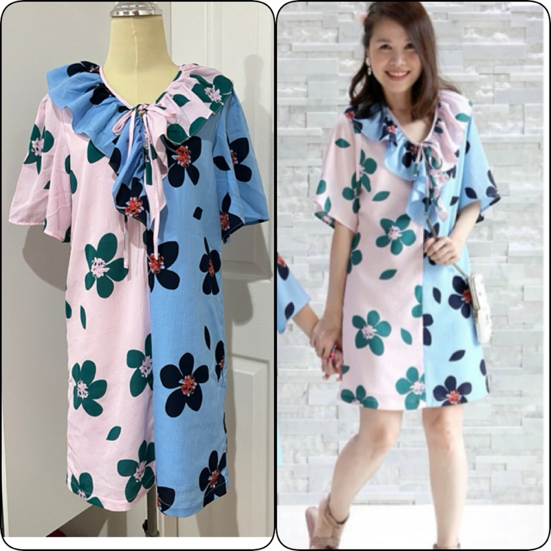 tiny tale (2nd) : L เดรสทรงปล่อย พิมพ์ลายดอกไม้ ทูโทน