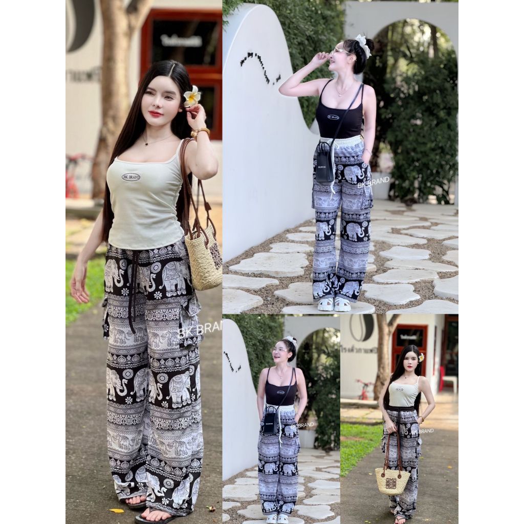 【BK BRAND】 BK 42476 เซตสายเดี่ยวปัก BK BRAND กางเกงขายาวทรงคาร์โก้ ลายช้างสุดยอดฮิต