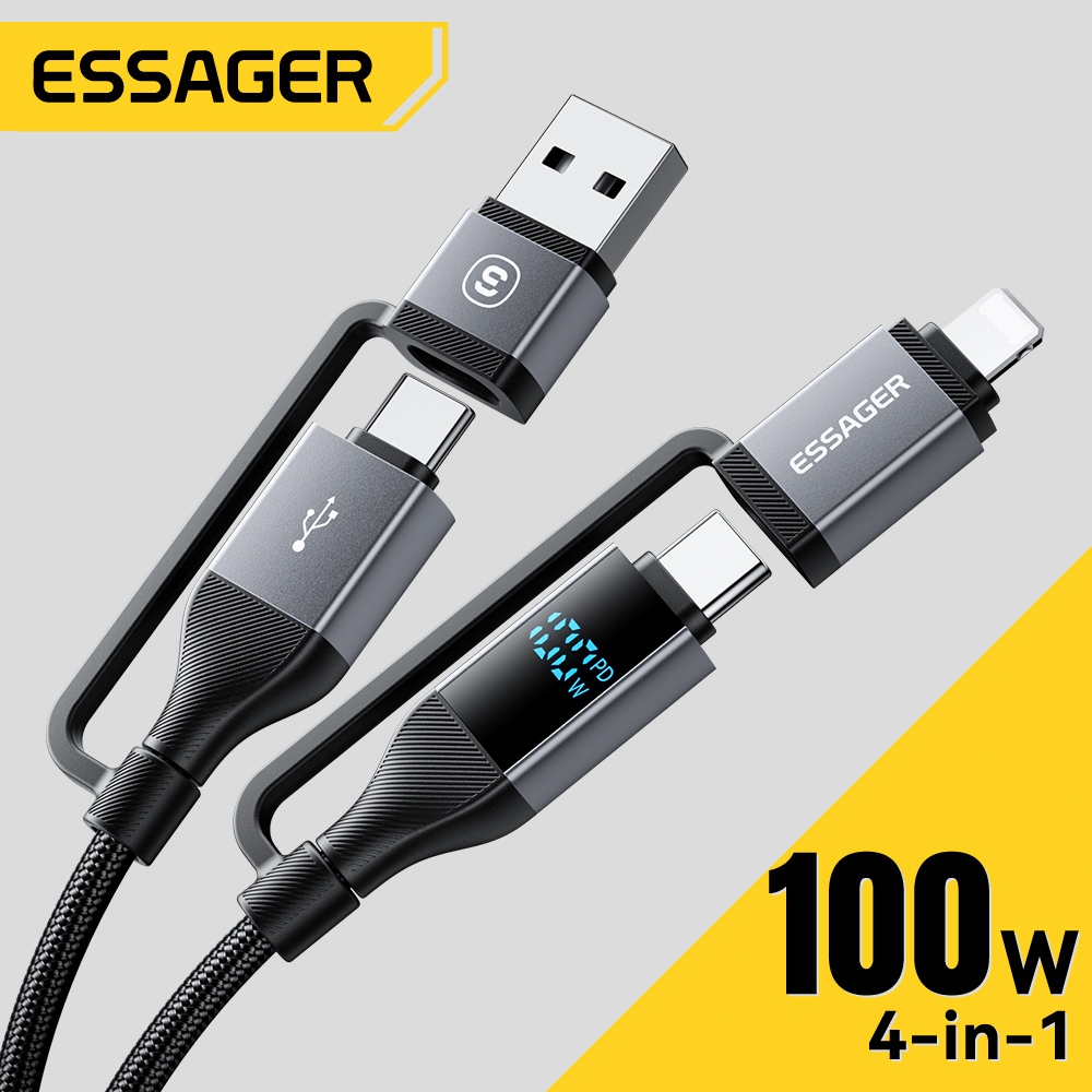 Essager 100W USB-A/Type-C to Type-C/L สายเคเบิลข้อมูลแบบสี่ในหนึ่งจอแสดงผลแบบดิจิทัล