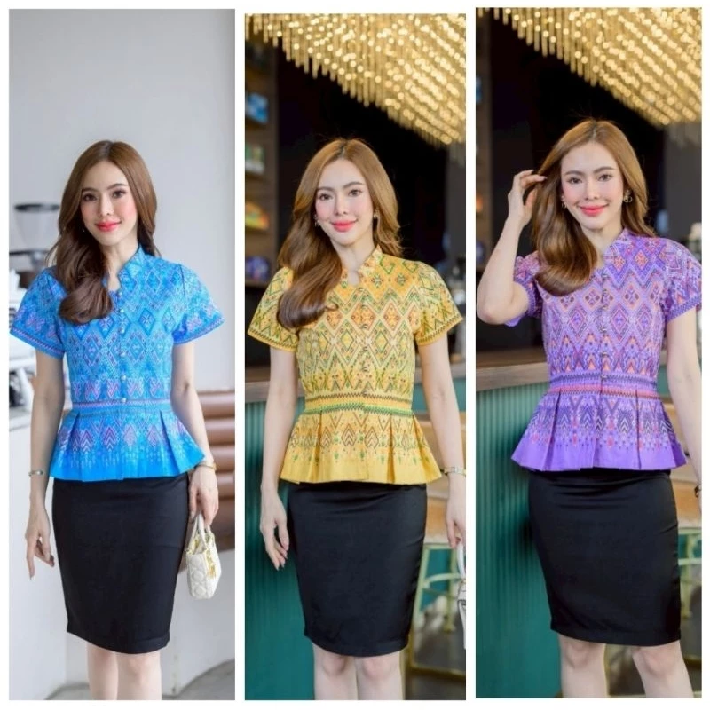 เสื้อผ้าฝ้ายคอจีน ลายผ้าไทยเอวจีบ