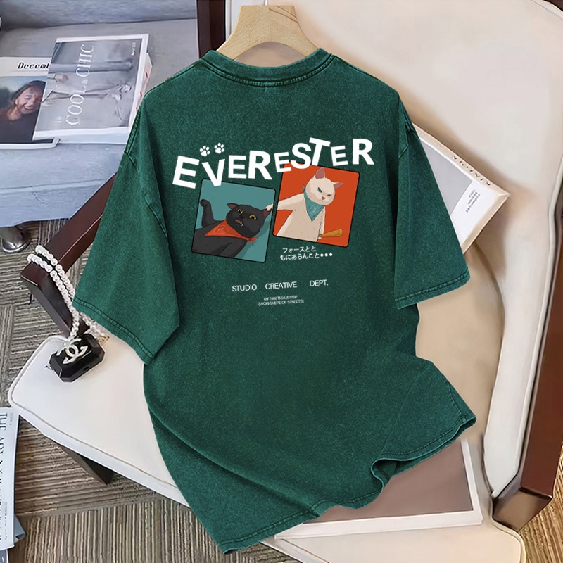 【COD】Basi💥 เสื้อยืด oversize unisex เสื้อฟอก วินเทจ สตรีท ผ้าฝ้ายแท้ใส่สบาย ลาย EVERESTER CAT