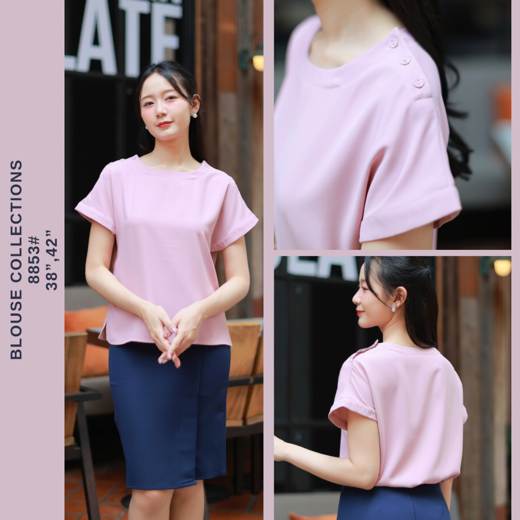 Laboratory 8853# เสื้อสีพื้นแขนล้ำ ทรงสั้น แต่งกระดุมบ่าไซส์ 38“,42”