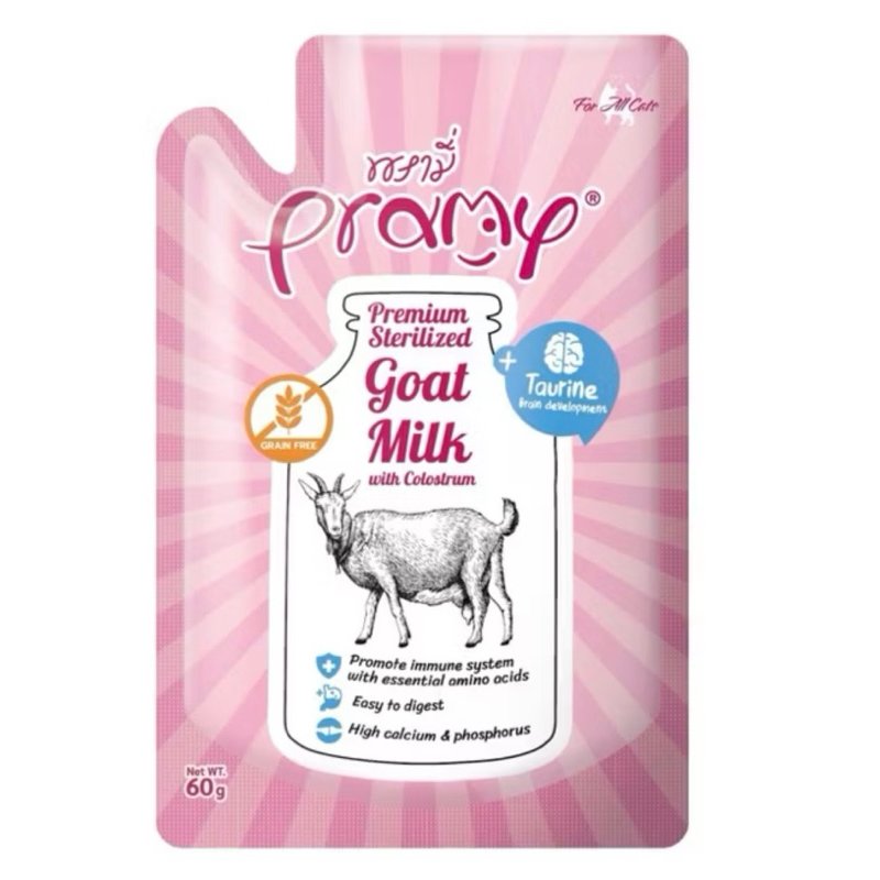 อาหารเปียกแมวพรามี่ Pramy นมแพะสเตอริไลส์ เสริมนมน้ำเหลือง ขนาด 60 กรัม 1โหล (12ชิ้น)