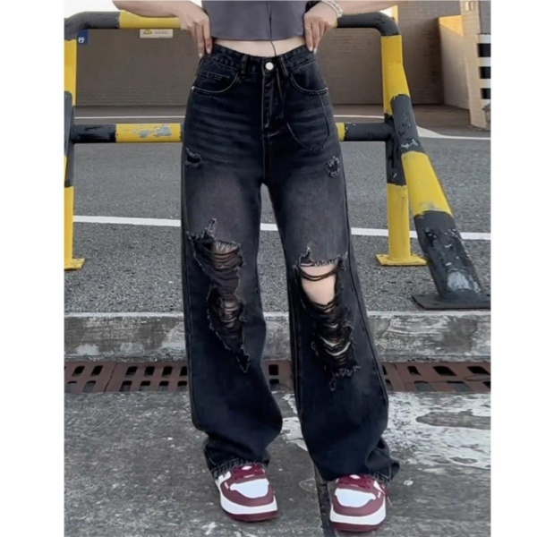 GHAOHES กางเกงยีนส์ขาดสีดำวินเทจสไตล์อเมริกัน กางเกงรากพื้นเอวสูงหลวม ทรงฮิปฮอป 6602
