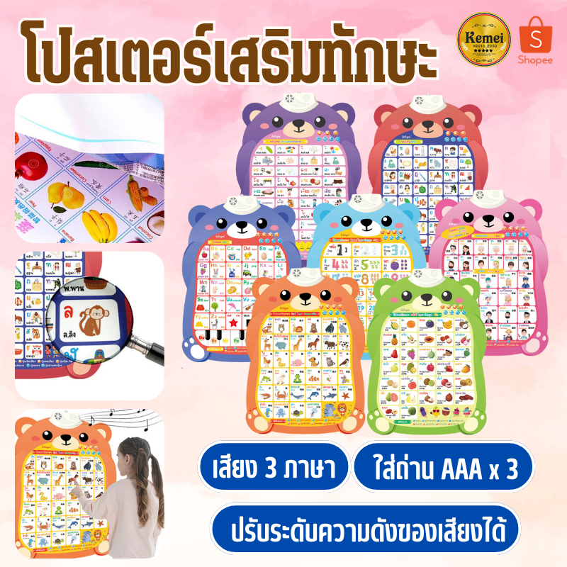 โปสเตอร์เด็ก พูดได้ 3 ภาษา ไทย-จีน-อังกฤษ โปสเตอร์สอนคำศัพท์ โปสเตอร์เสริมการเรียนรู้ ของเล่นเสริมพัฒนาการเด็ก