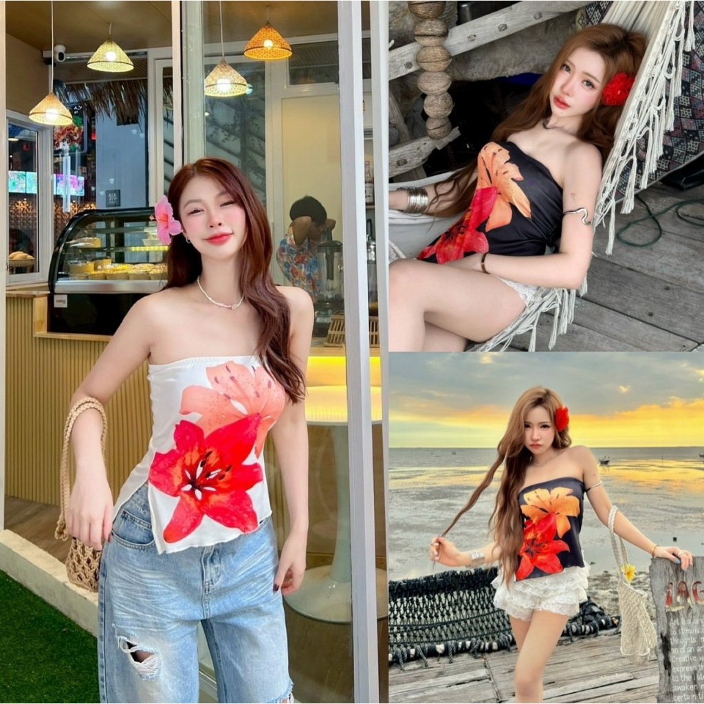 เสื้อเกาะอกลายดอกชบา เสื้อเกาะอกสีขาว ฟิลทะเล ลายชบา มาแรง ทะเล ภูเขา แนวฝอ ป้าย Sheeny. (S016)