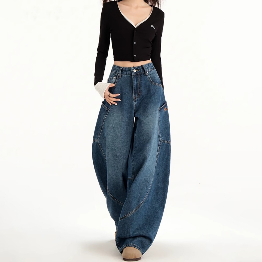 กางเกงยีนส์ขากว้างวินเทจใหม่ของผู้หญิง ความรู้สึกในการออกแบบ เย็บปักถักร้อย เอวสูงและหลวม กางเกงถูพื้นแบบตรง