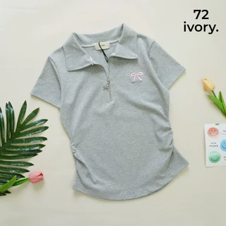 VV105-VV909 VV206-ป้ายIVORYเสื้อยืดผ้ายูนิโคล่ คอปก แต่งปักโบว์ข้าง แขนสั้นหยุมข้าง