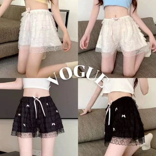 Vogue🌟พร้อมส่ง🌟 กางเกงขาสั้น เอวสม๊อค แต่งลูกไม้โบว์ สีพื้น (KK1220)