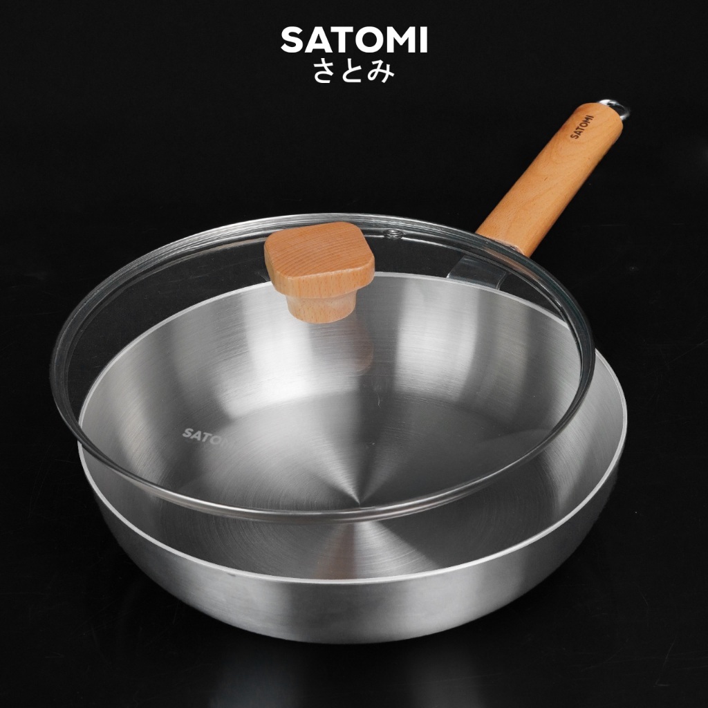 SATOMI กระทะสแตนเลส 316 ขนาด 24/28 cm รุ่นหนาพิเศษ 7 ชั้น ด้ามยึดไร้หมุดด้านในกระทะ ก้นแบน ใช้ได้ทุกเตา
