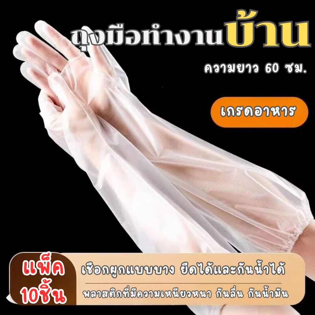 ส่งด่วน ถุงมือพลาสติก คลุมศอก 60 ซม.(10 ชิ้น/แพ็ก )แบบยาวพิเศษ ใช้แล้วทิ้ง เหนียว ยืดหยุ่นสูง Long Glove
