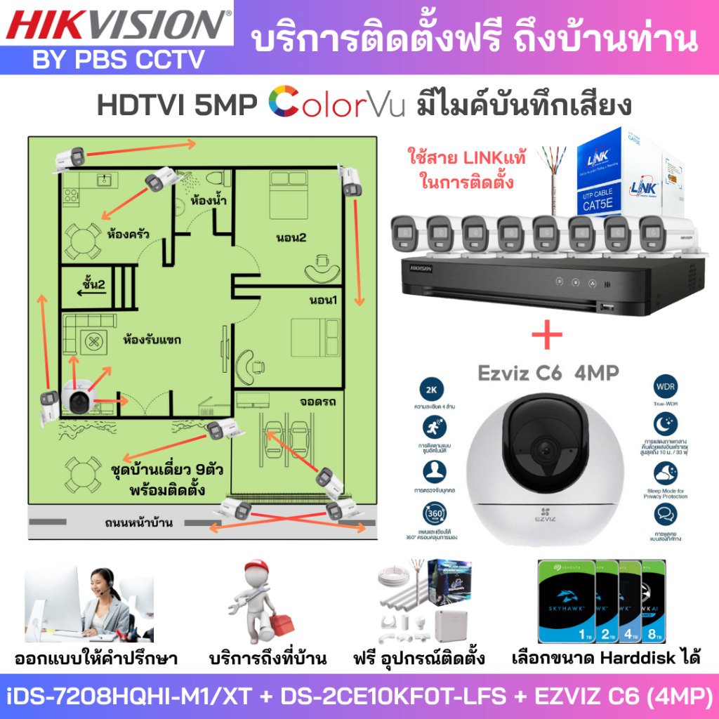 [ติดตั้งฟรี] ชุด9ตัว HIKVISION 5MP 3K บันทึกเสียง DS-2CE10KF0T-LFS + DS-2CE16D0T-LFS + EZVIZ C6[4MP]