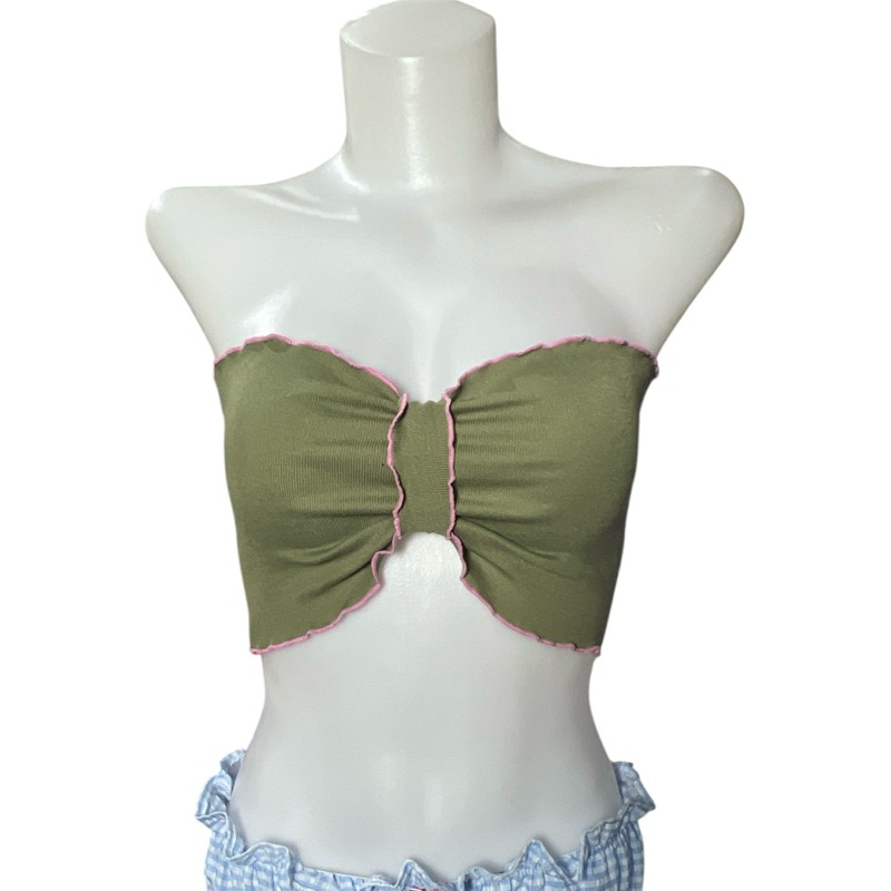Sns393เสื้อเกาะอกโบว์แต่งขอบหยักชมพูผ้าร่องribอกไม่เกิน34“ รูปที่ 3