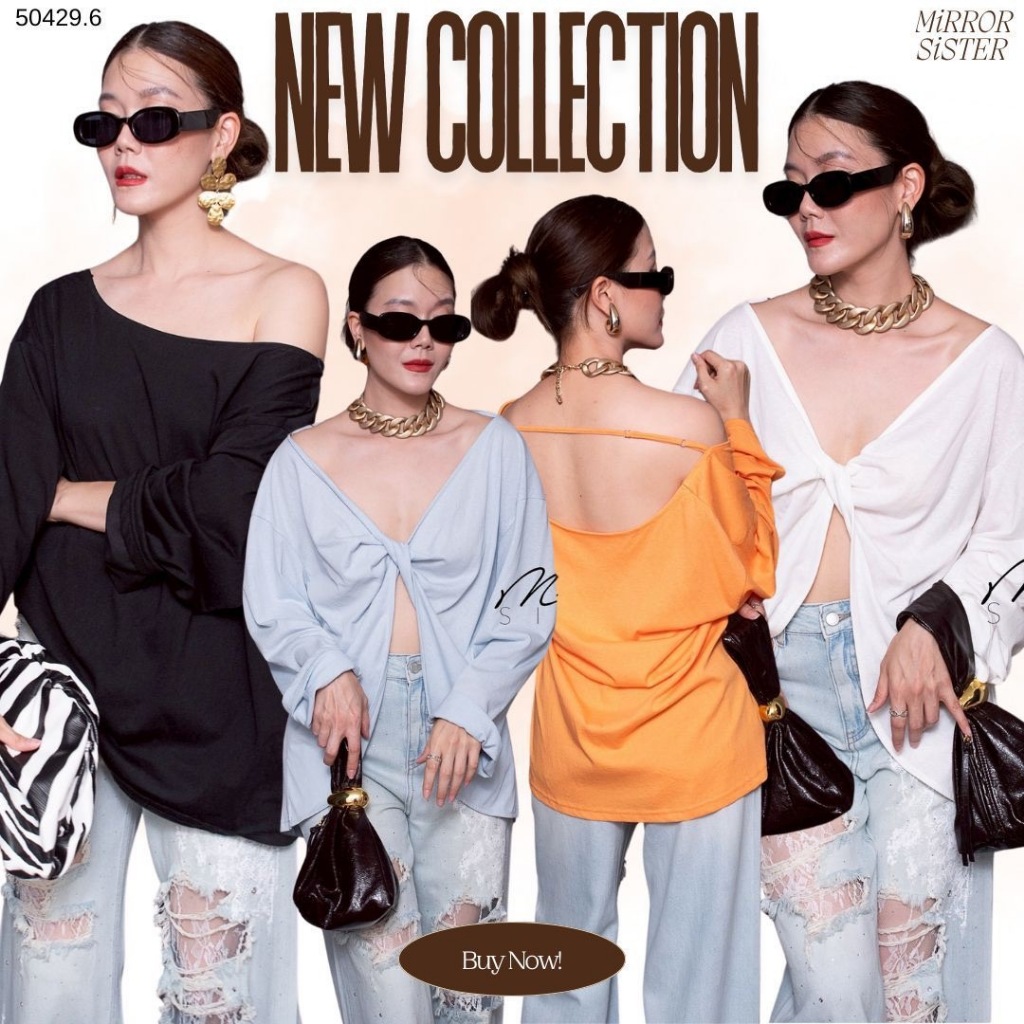 🔖Mirrorsister 50429.6 เสื้อทรงเก๋ ทรงหลวมเหมาะกับสาวทุกไซส์ ด้านหลังม้วนไขว้เว้าวีลึก มีสายรั้งสามาร