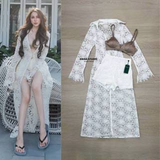 Swan Set 3 ชิ้น เสื้อคลุมยาวลูกไม้สีขาว + บราด้านในสีน้ำตาล …