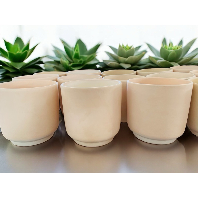 กระถางดินเผา กระถางต้นไม้ ทรงกระบอก 6 นิ้ว สีครีม พร้อมจานรอง