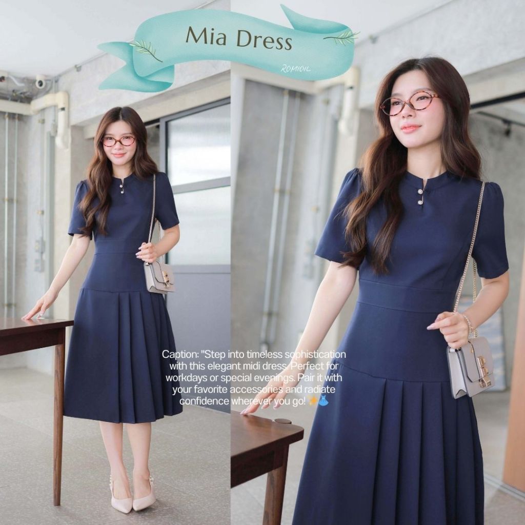 Romi"Oil" Mia Dress (Navy Blue) J438 ชุดเดรสสีกรม (คอจีนแต่งกระดุมมุกกระโปรงยาว)
