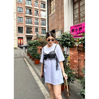 เสื้อยืดแฟชั่นผ้าCotton สกรีนบราตกแต่งลูกไม้