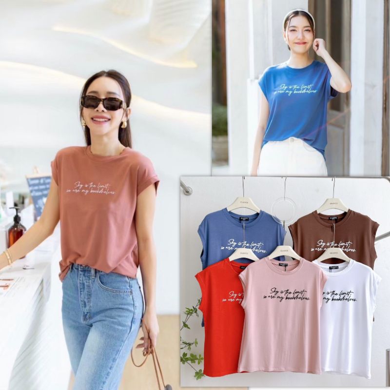เสื้อยืดคอกลมทรงแขนล้ำสกรีนลายSky is the limitผ้าRayon spandexเนื้อนิ่ม