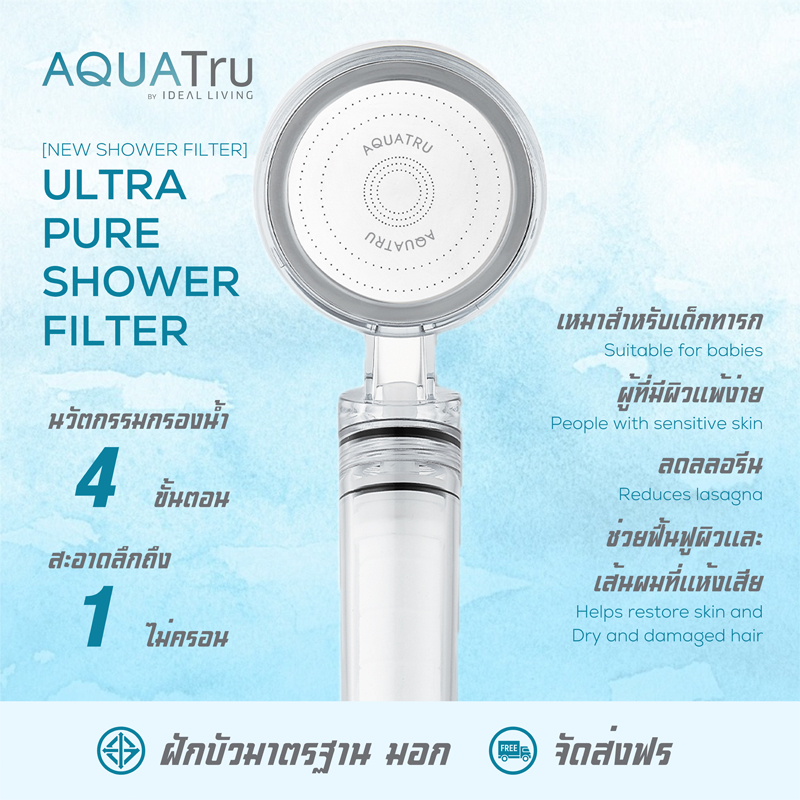 AQUATru Shower Filter ฝักบัวกรองน้ำ + รับฟรี Cotton Micro Filter ไส้กรองฝักบัว 1 ชิ้น รับประกัน 5 ปี