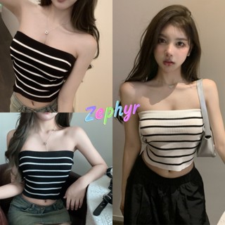 Zephyr-เสื้อครอปแขนกุด เข้ารูป ลายทาง ถัก แซ่บๆ เสื้อเกาะอก …