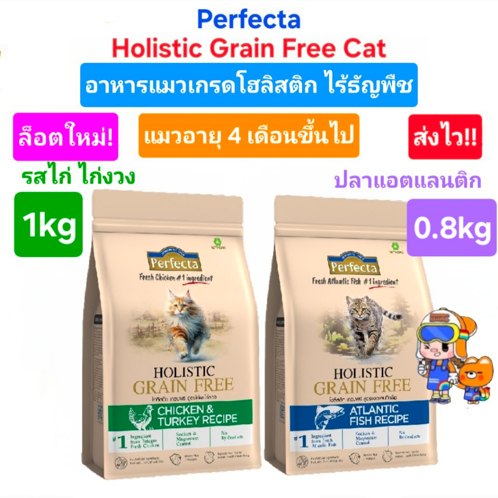 ใหม่ Perfecta Holistic Grain Free ไร้ธัญพืช Cat 0.8kg 1kg เพอร์เฟคต้า โฮลิสติก อาหารแมว วัตถุดิบพิเศษ สูตรไก่ สูตรปลา