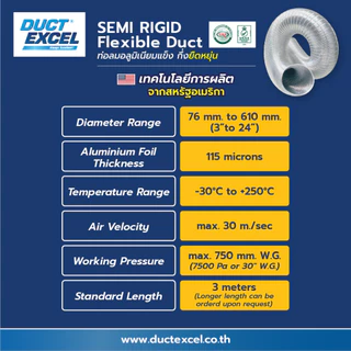 Duct Excel ท่อลมอลูมิเนียมแข็ง กึ่งยืดหยุ่น (Semi Rigid Flexible Duct)+เข็มขัด+ข้อต่อ ขนาด 4, 6, 8, 10, 12 นิ้ว
